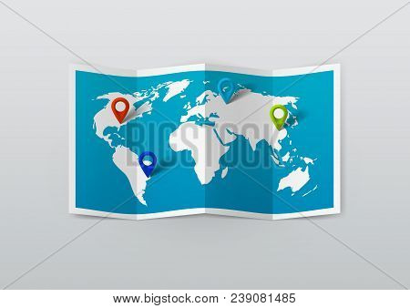 Realistic World Map With Tag Pins. Eps10 Vector