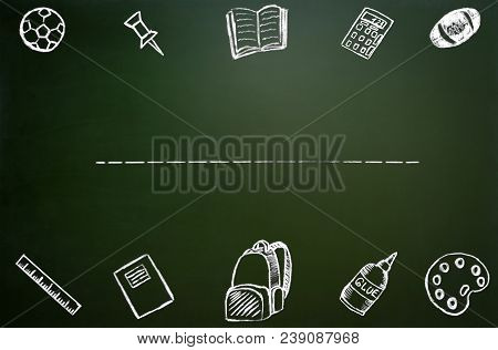 Back To School. School Icons On Chalkboard In The Form Of A Frame