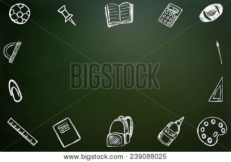Back To School. School Icons On Chalkboard In The Form Of A Frame