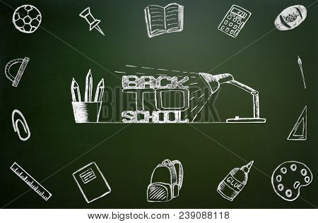 Back To School. School Icons On Chalkboard In The Form Of A Frame
