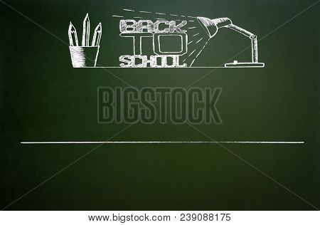 Back To School. School Icons On Chalkboard In The Form Of A Frame