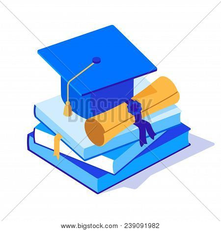 Square Graduation Cap With Scroll On A Pile Of Books. Academic Cap With Diploma And Books Isometric 