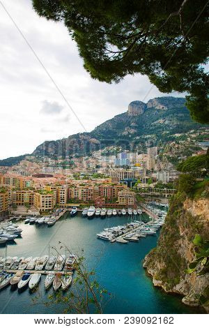 Monaco, Panoramic View Of Port De Fontvieille. French Riviera, Azur Coast. Bay With A Lot Of Luxury 