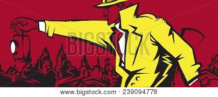 Detective With A Gun And A Flashlight In His Hand, At Night .in Suit And Hat .on The Background Of T