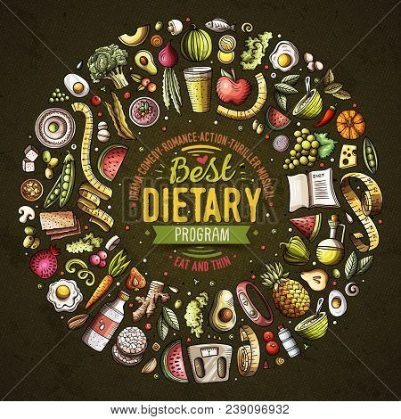 Set Of Vector Cartoon Doodle Diet Food Objects Collected In A Round Border. Dietic Card Design