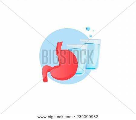 Stomach And 2 Glasses Of Water. Drinking Water From Bottle Flow Into Stomach.