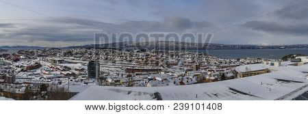 Norway Narvik, Panorama View Of The City With Rombaksfjorden In The Back A Winter Day