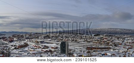 Norway Narvik, Panorama View Of The City With Rombaksfjorden In The Back A Winter Day
