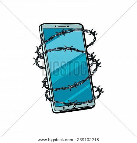 Barbed Wire And Telephone. Isolated On White Background. Pop Art Retro Vector Illustration Comic Car