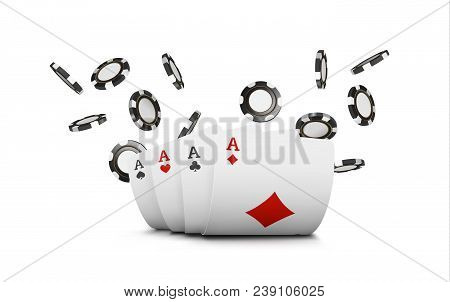 Playing Cards And Poker Chips Fly Casino. Concept On White Background. Poker Casino Vector Illustrat