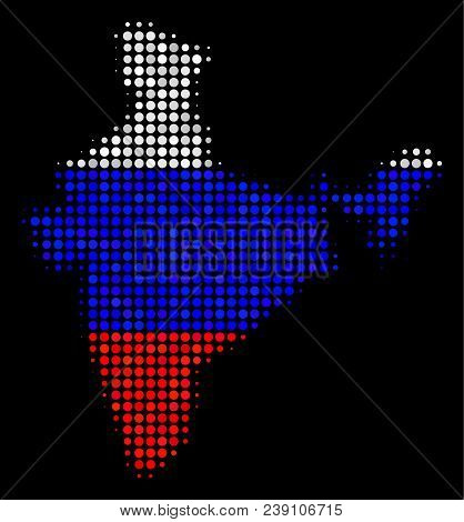 Halftone Pixel India Map. Vector Geographical Map In Russian Official Flag Colors On A Dark Backgrou