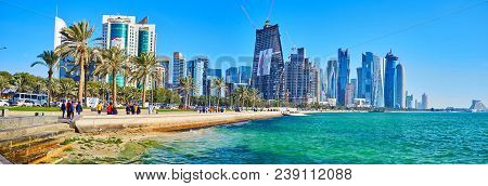 Doha, Qatar - February 13, 2018: The City Skyline With Al Dafna Skyscrapers Is The Symbol Of Doha, I