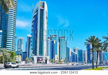 Doha, Qatar - February 13, 2018: The Urban Scene With Skyscrapers Of Al Dafna District In West Bay N