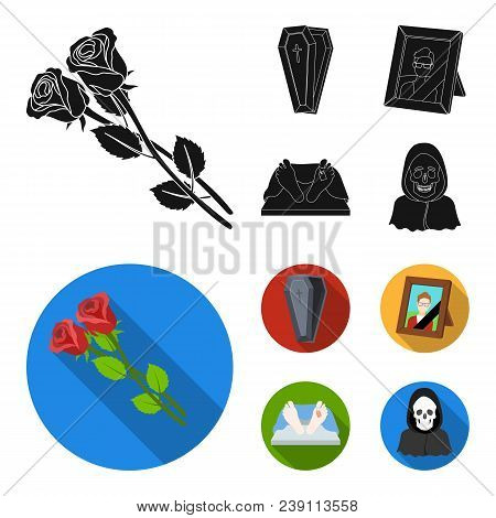 Coffin With A Lid And A Cross, A Photograph Of The Deceased With A Mourning Ribbon, A Corpse On The 