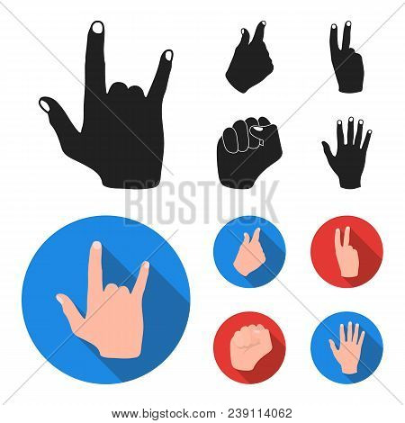 Open Fist, Victory, Miser. Hand Gesture Set Collection Icons In Black, Flat Style Vector Symbol Stoc