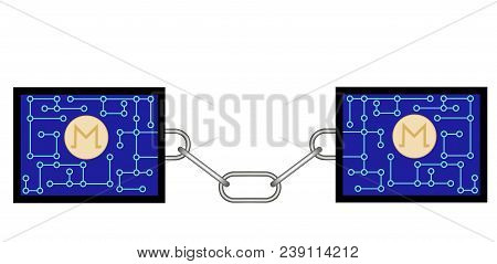 Block Chain Technology Of Monero With Chain Between Blocks On White Background , Crypto Currency Blo