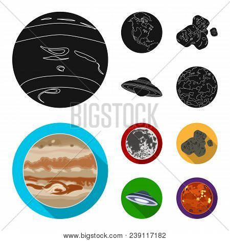 Moon, Venus Of The Planet Of The Solar System. Nil, A Meteorite. Planets Set Collection Icons In Bla