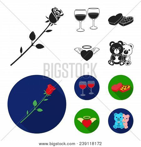 Glasses With Wine, Chocolate Hearts, Bears, Valentine.romantik Set Collection Icons In Black, Flat S