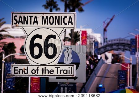 Iconic Route 66 End Of Trail Sign At Santa Monica Pier