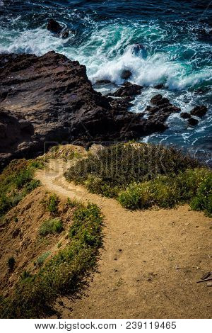 Hiking Trail Cascading Down The Treacherous Cliffs Of Flat Rock Point, Palos Verdes Estates, Califor