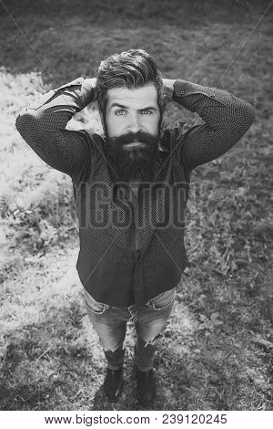 Top Full Length View Of One Handsome Strong Stylish Male Logger Of Young Man With Long Lush Black Be
