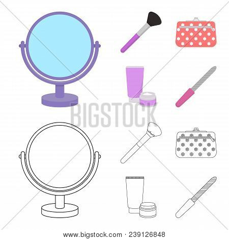 Table Mirror, Cosmetic Bag, Face Brush, Body Cream.makeup Set Collection Icons In Cartoon, Outline S