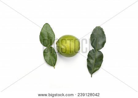 Top View. Leaves And Lime Fruit Isolated On White Background.