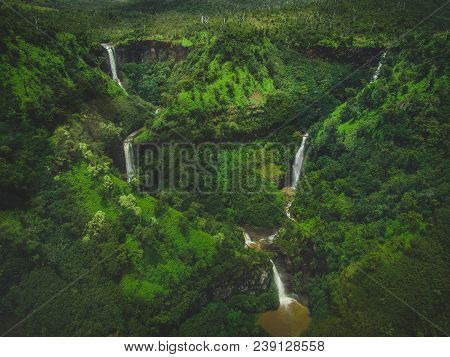 Spectacular Aerial Of Kahili Falls On A Cloudy Day, Kauai, Hawaii