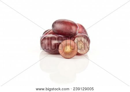 Red Globe Grape Stack And One Sliced Berry Isolated On White Background Fresh Shiny Dark Pink Two Se