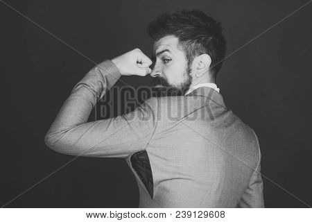 Hipster Chose Small Size Jacket, Seam Torn Under Armpit. Guy Posing In Counterfeit Or Fake Brand. Ma