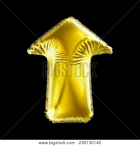 Golden arrow icon made of inflatable balloon isolated on black background. 3d rendering