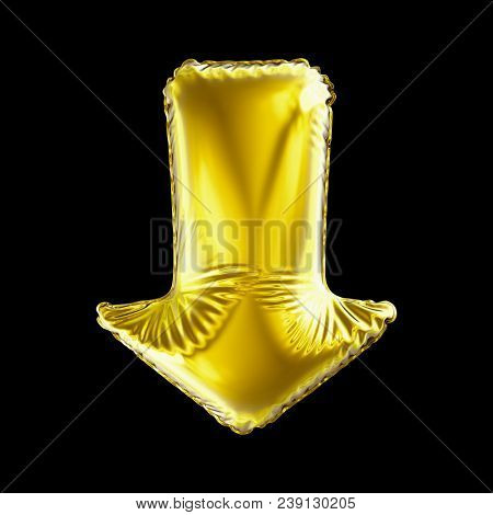 Golden arrow icon made of inflatable balloon isolated on black background. 3d rendering