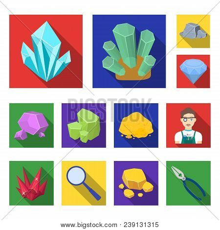 Precious Minerals Flat Icons In Set Collection For Design. Jeweler And Equipment Vector Symbol Stock