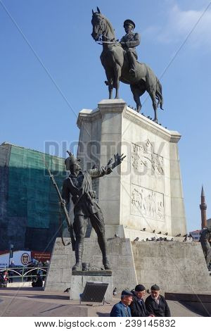 Ankara, Turkey - 11 February 2018: The statue of Ataturk and national flags of modern Turkey in Ulus - Ankara, Turkey