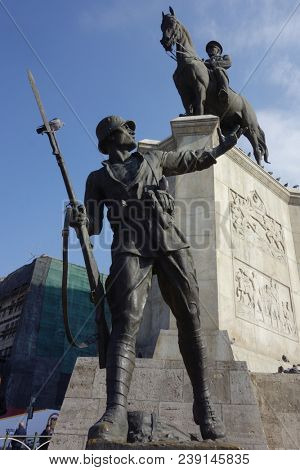 Ankara, Turkey - 11 February 2018: The statue of Ataturk and national flags of modern Turkey in Ulus - Ankara, Turkey