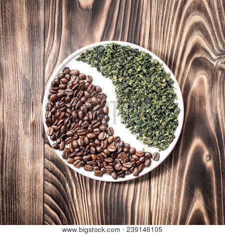 Grain Fresh Roasted Coffee And Green Tea Leaves Asian. Food Concept Drink Of Choice For The Health O