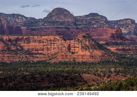 Colorful Mescal Mountain And Various Red Rock Formations With Secret Mountain In The Background, Sed