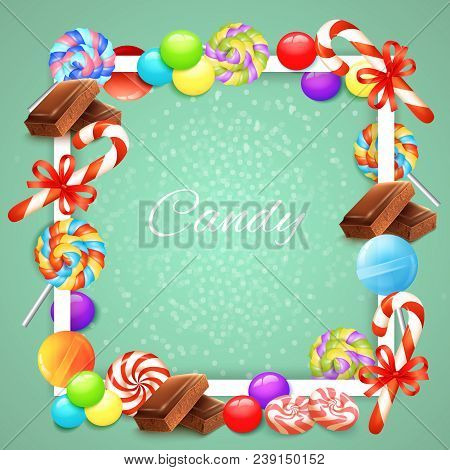 Candies White Square Frame With Chocolate, Lollipops, Sweet Canes With Ribbons On Pale Green Backgro