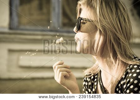 Girl Blowing On A Dandelion. Blowing Of Dandelion Seeds.