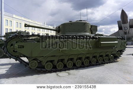 Verkhnyaya Pyshma, Russia - March 01, 2018: British Flame-thrower Tank Mk Iv Churchill Crocodile In 