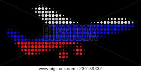 Halftone Aiplane Icon Colored In Russia State Flag Colors On A Dark Background. Vector Concept Of Ai