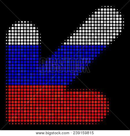 Halftone Arrow Down Left Icon Colored In Russian Official Flag Colors On A Dark Background. Vector C