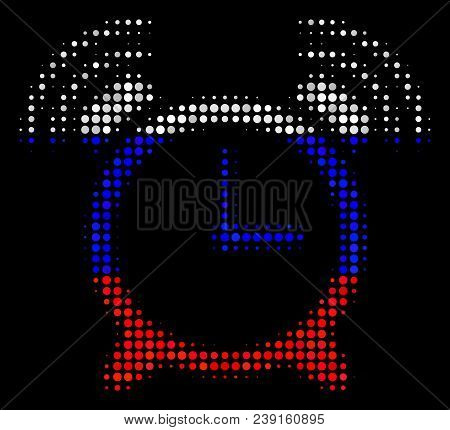 Halftone Buzzer Pictogram Colored In Russia Official Flag Colors On A Dark Background. Vector Mosaic