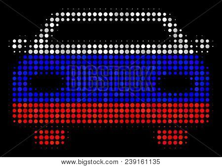 Halftone Car Pictogram Colored In Russia Official Flag Colors On A Dark Background. Vector Concept O