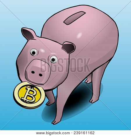 The Piggy Bank Carries Bitcoin In Its Mouth.