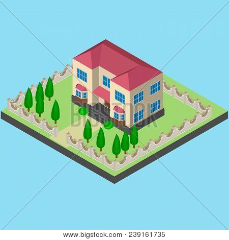 Two-storey House With A Red Roof Isometrically With A Fence.