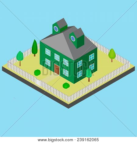 Green House With A Gray Roof In Isometric View.