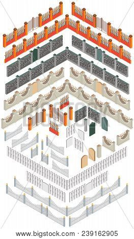 Set Of Different Elements To Create Fences In The Isometric View. With The Help Of Vector Elements, 