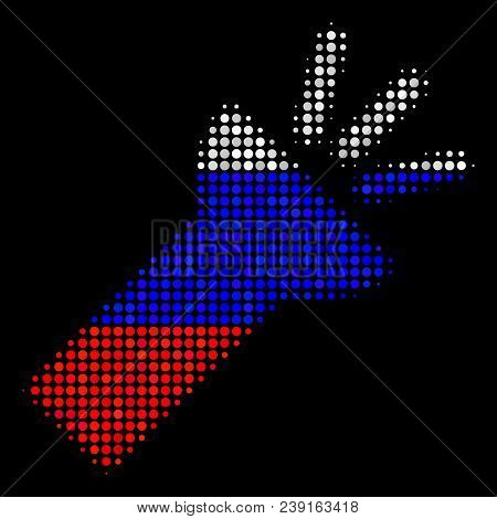 Halftone Electric Torch Light Pictogram Colored In Russia State Flag Colors On A Dark Background. Ve