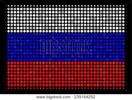 Halftone Filled Rectange Pictogram Colored In Russia State Flag Colors On A Dark Background. Vector 